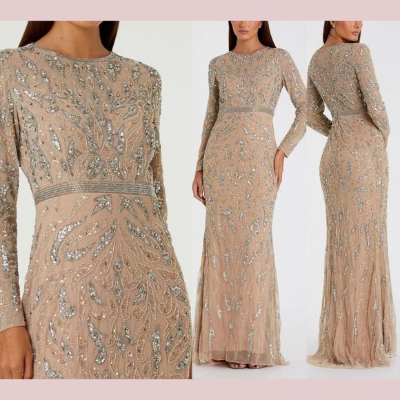 NWT $598 Mac Duggal [ 6 ] 5124 Beaded Long Sleeve Evening Gown‎ Mocha Nude - Picture 1 of 16